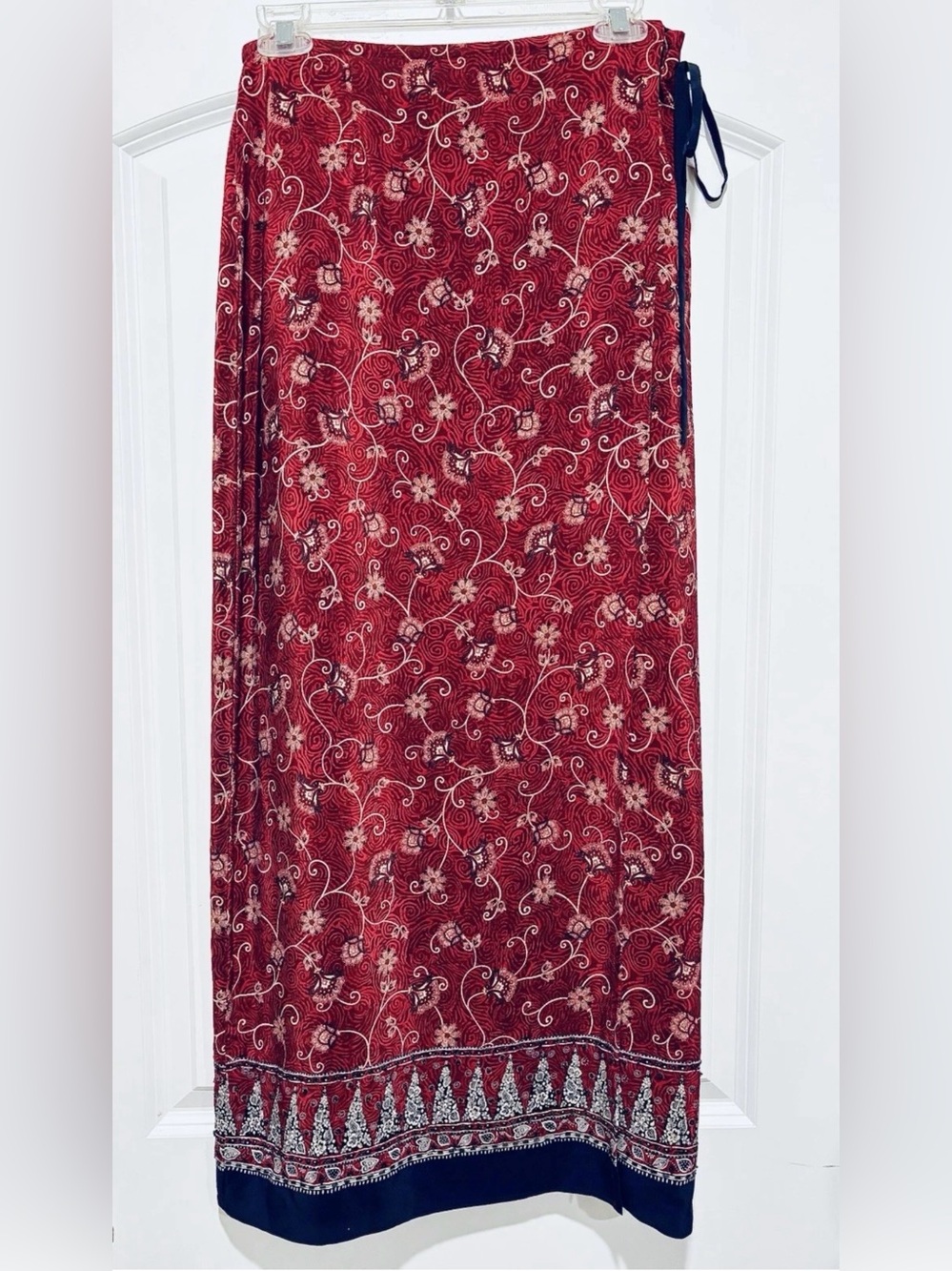 Vintage Y2K Liz Claiborne 100% Silk Asian Inspired Wrap Maxi Skirt Red Navy Sz 8